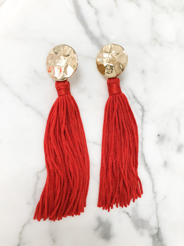 Shiny Hammered Gold Color Red Long Tassel Earrings