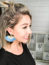 Load image into Gallery viewer, Hammered Gold Color Dusty Blue Tassel Earrings
