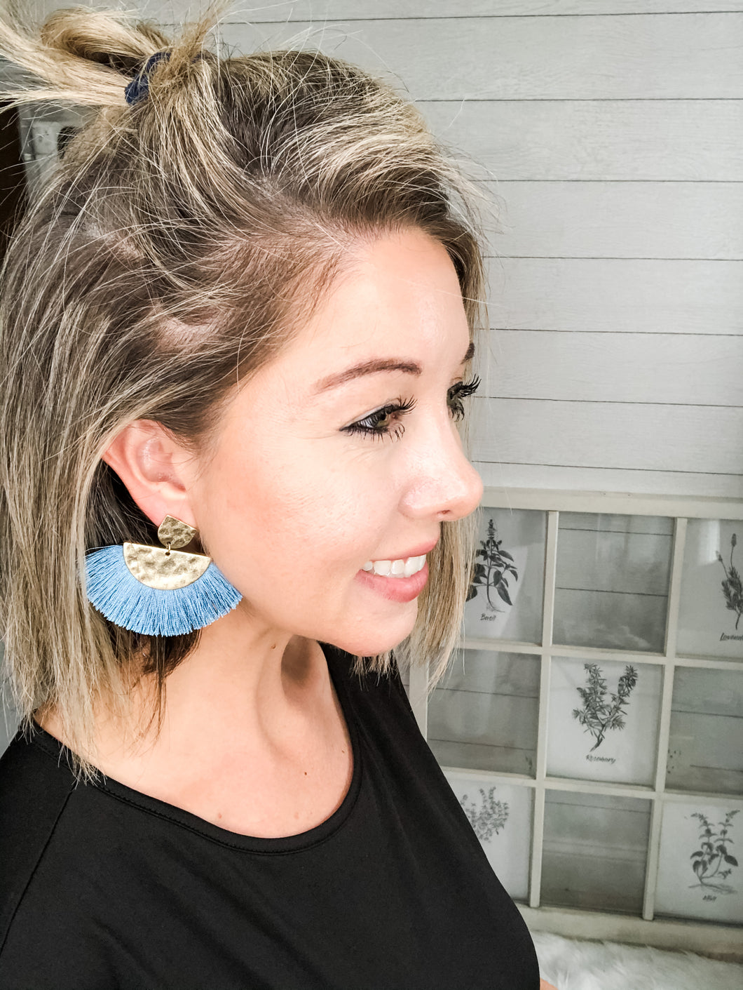 Hammered Gold Color Dusty Blue Tassel Earrings