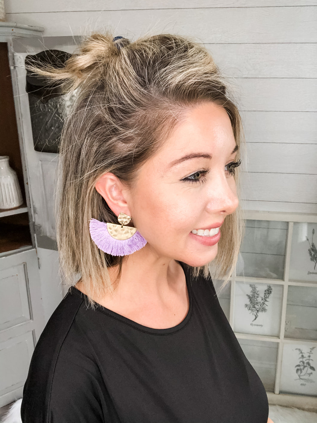 Hammered Gold Color Lilac Tassel Earrings