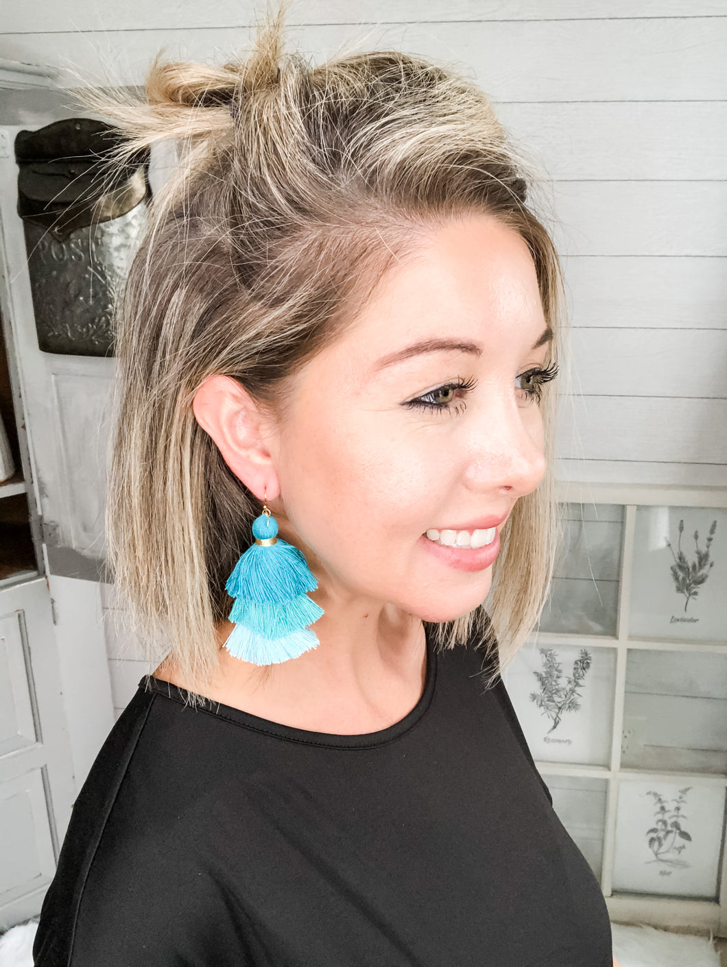 Blue Ombre Layered Tassel Earrings