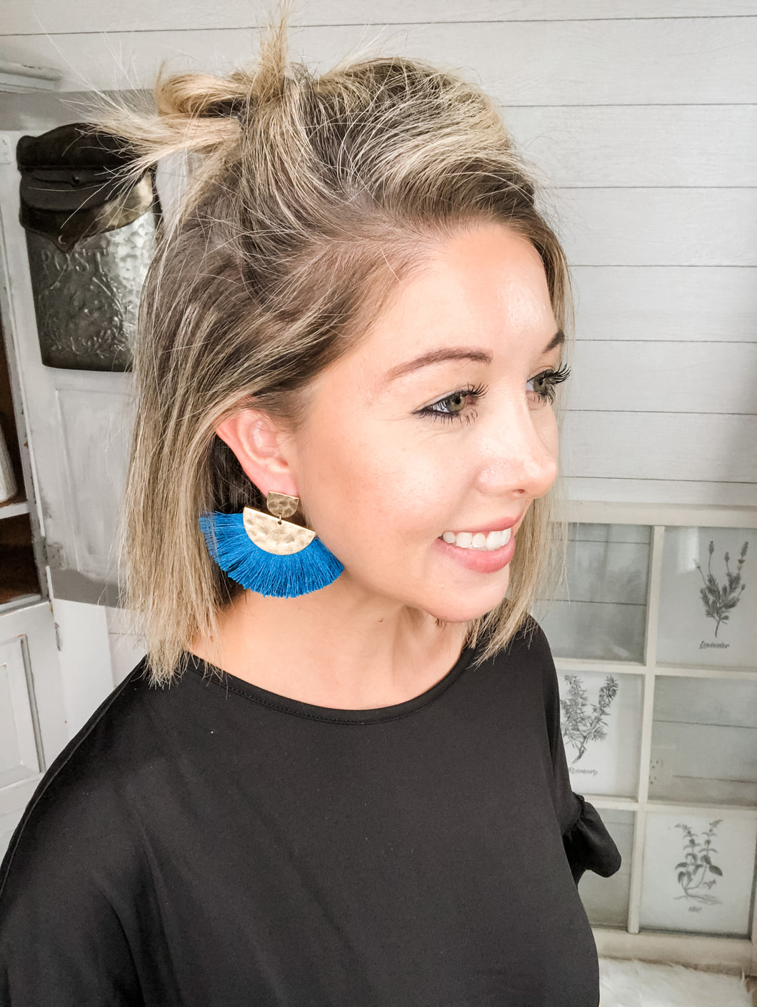 Hammered Gold Color Dark Blue Tassel Earrings