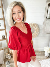 Load image into Gallery viewer, Red Smocked Peplum Top
