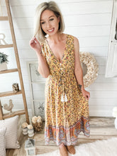 Load image into Gallery viewer, Yellow Floral Midi Tassel Front Slit Dress
