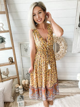 Load image into Gallery viewer, Yellow Floral Midi Tassel Front Slit Dress
