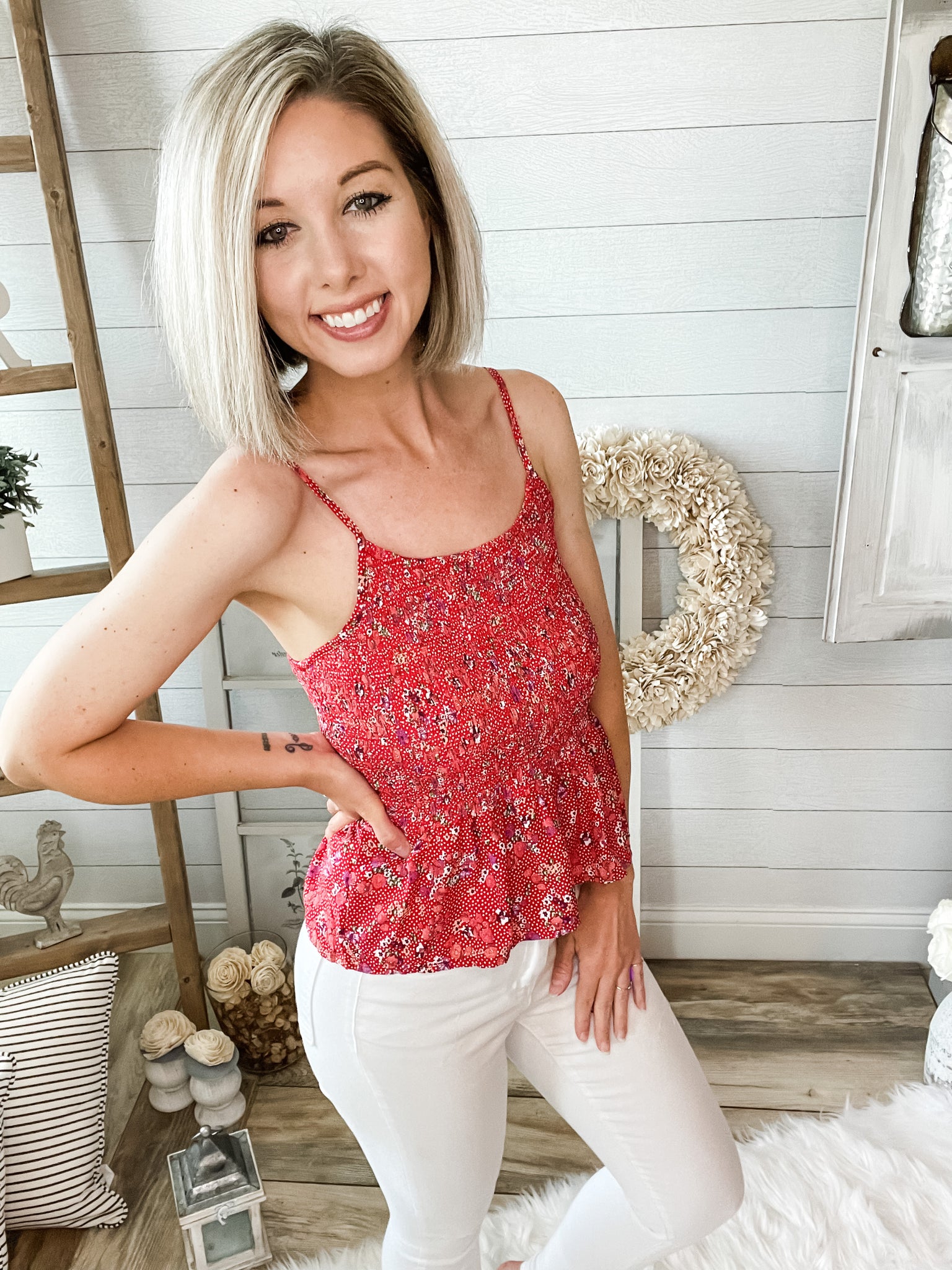 Red Floral Smocked Lightweight Peplum Tank Top – Saluda Rose Boutique