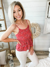 Load image into Gallery viewer, Red Floral Smocked Lightweight Peplum Tank Top
