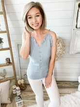 Load image into Gallery viewer, Blue Textured Ruffled Tank Top
