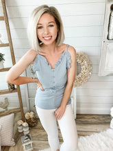 Load image into Gallery viewer, Blue Textured Ruffled Tank Top
