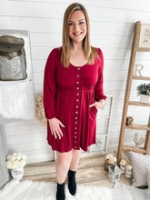 Load image into Gallery viewer, Dark Red Button Down Long Sleeve Dress
