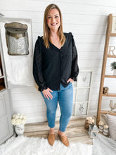 Load image into Gallery viewer, Black Ruffled Shoulder Swiss Dot Buttoned Top
