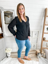 Load image into Gallery viewer, Black Ruffled Shoulder Swiss Dot Buttoned Top
