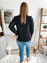 Load image into Gallery viewer, Black Ruffled Shoulder Swiss Dot Buttoned Top
