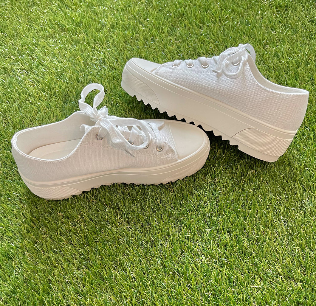 Platform White Tennis Shoes With Grooves
