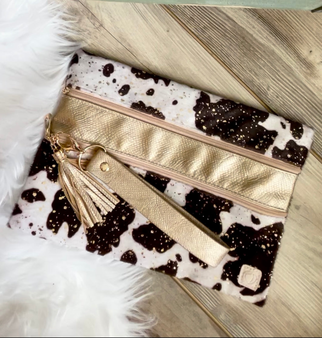 Cow Print Double Zipper Clutch With Attached Wristlet