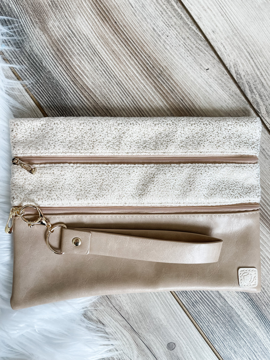 Nude Faux Leather Double Zipper Clutch With Attached Wristlet