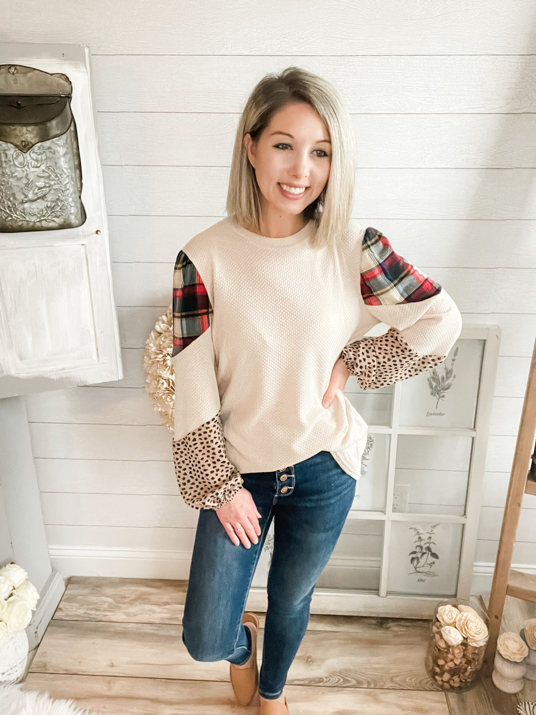 Plaid and Cheetah Print Waffle Knit Sweater