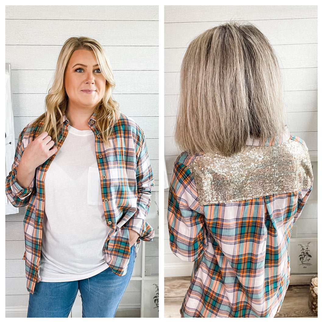 Plaid and Gold Sequin Button Down Top