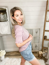 Load image into Gallery viewer, Knitted Lavender Triple Ruffled Sleeve Top
