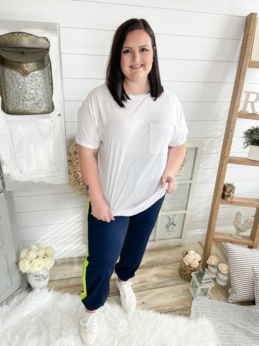 Plus Size Navy Tricot Track Joggers With Neon Yellow Side Stripes
