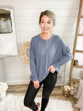 Load image into Gallery viewer, Steel Blue Long Sleeve 3 Button Down Lightweight Sweater
