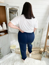 Load image into Gallery viewer, Plus Size Navy Tricot Track Joggers With Neon Yellow Side Stripes
