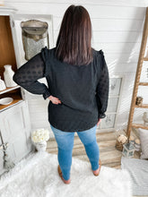 Load image into Gallery viewer, Black Ruffled Shoulder Swiss Dot Buttoned Top
