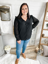 Load image into Gallery viewer, Black Ruffled Shoulder Swiss Dot Buttoned Top
