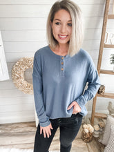 Load image into Gallery viewer, Steel Blue Long Sleeve 3 Button Down Lightweight Sweater
