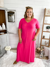 Load image into Gallery viewer, Fuchsia Short Sleeve With Pockets Maxi Dress

