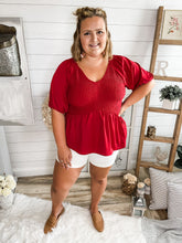 Load image into Gallery viewer, Red Smocked Peplum Top
