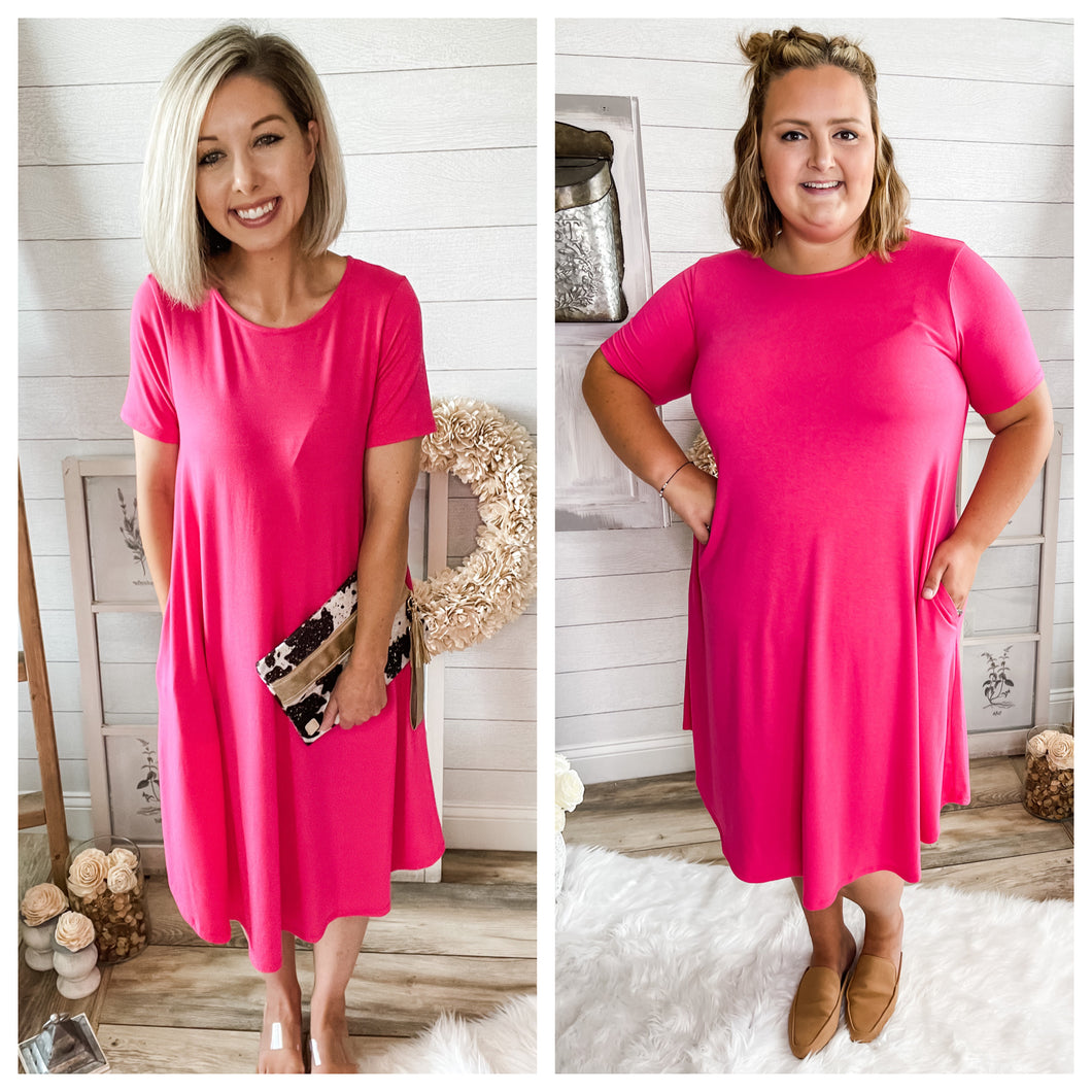 Fuchsia Short Sleeve With Pockets Dress