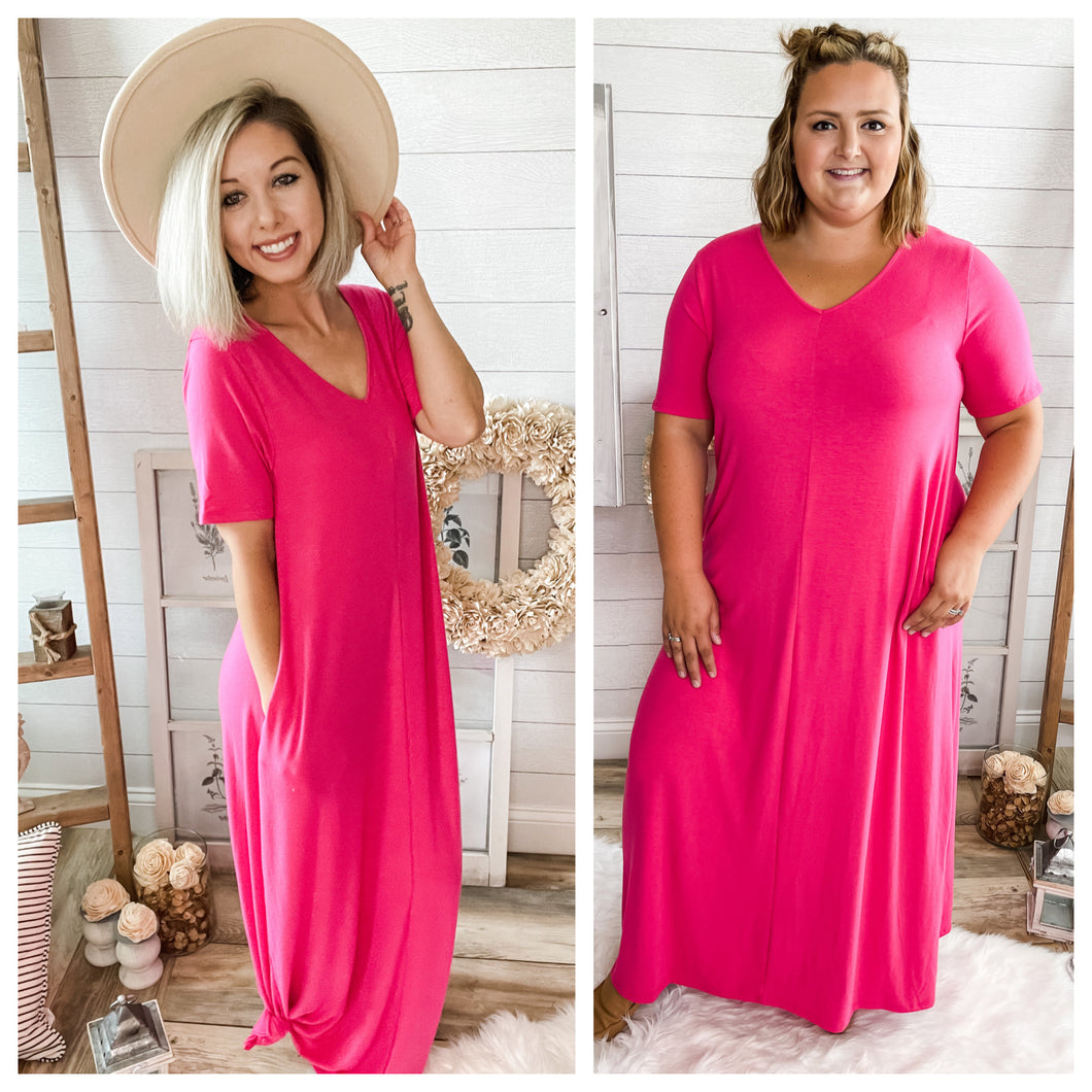 Fuchsia Short Sleeve With Pockets Maxi Dress