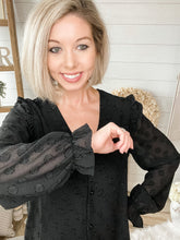 Load image into Gallery viewer, Black Ruffled Shoulder Swiss Dot Buttoned Top
