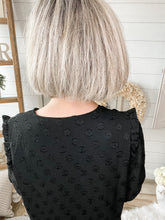 Load image into Gallery viewer, Black Ruffled Shoulder Swiss Dot Buttoned Top
