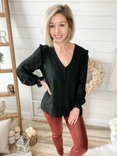 Load image into Gallery viewer, Black Ruffled Shoulder Swiss Dot Buttoned Top
