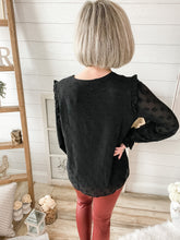 Load image into Gallery viewer, Black Ruffled Shoulder Swiss Dot Buttoned Top
