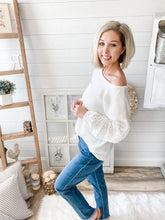 Load image into Gallery viewer, Waffle Knit Lightweight Sweater With Eyelet Bubble Sleeves
