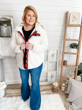 Load image into Gallery viewer, Plus Size Red and Black Plaid White Button Down Sherpa Jacket
