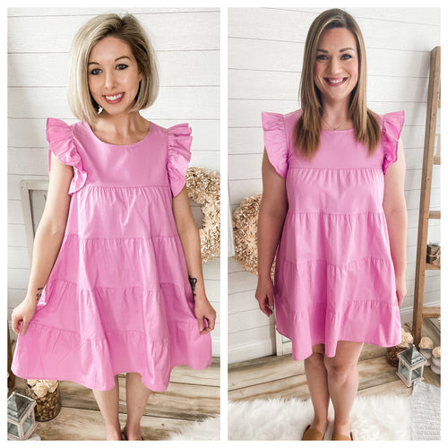 Cotton Candy Pink Ruffled Sleeve Babydoll Tiered Dress