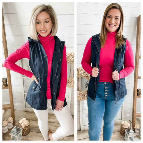 Navy Drawstring Waist Military Hoodie Vest