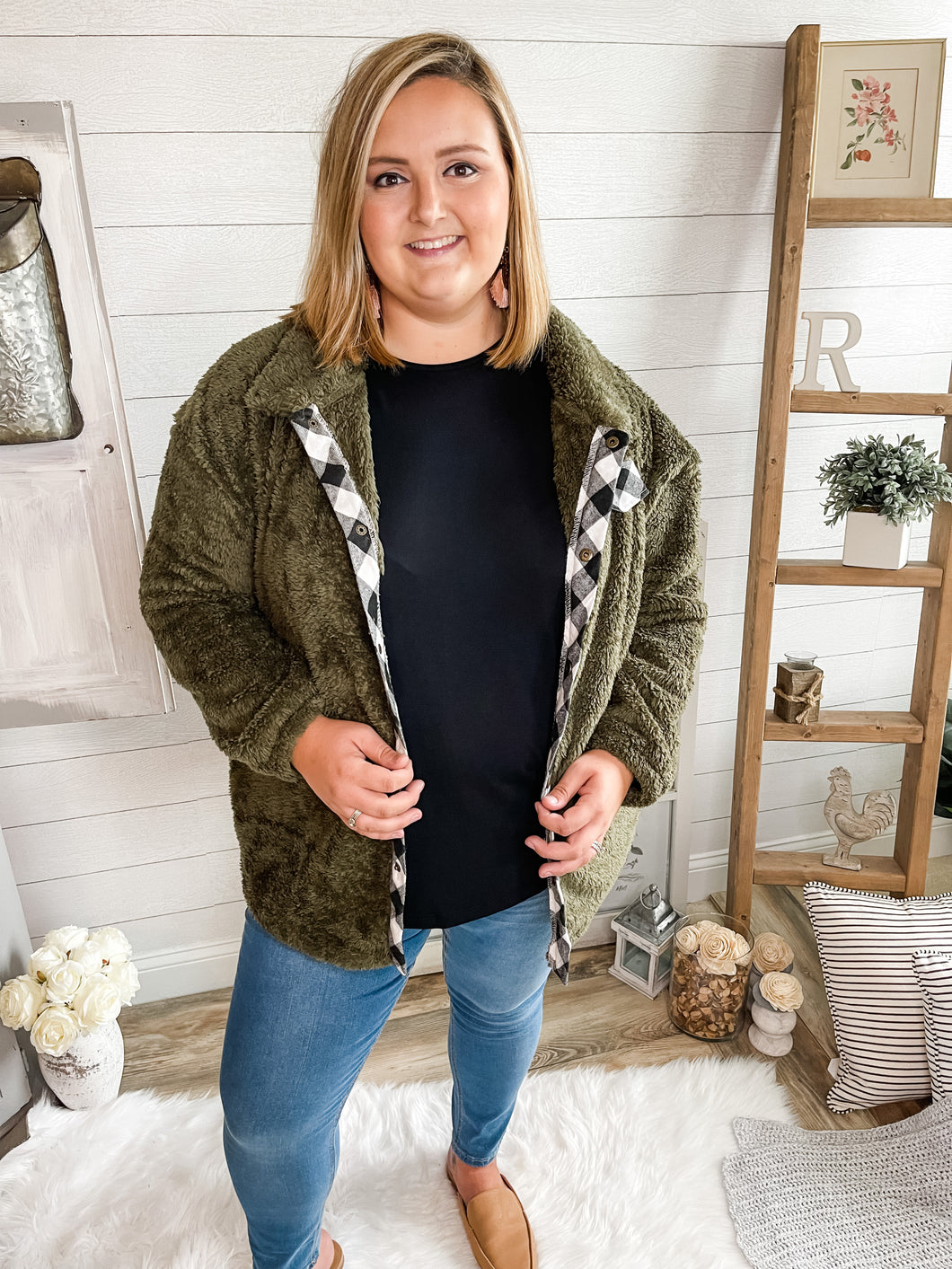 Plus Size Black and White Plaid Olive Button Down Sherpa Jacket