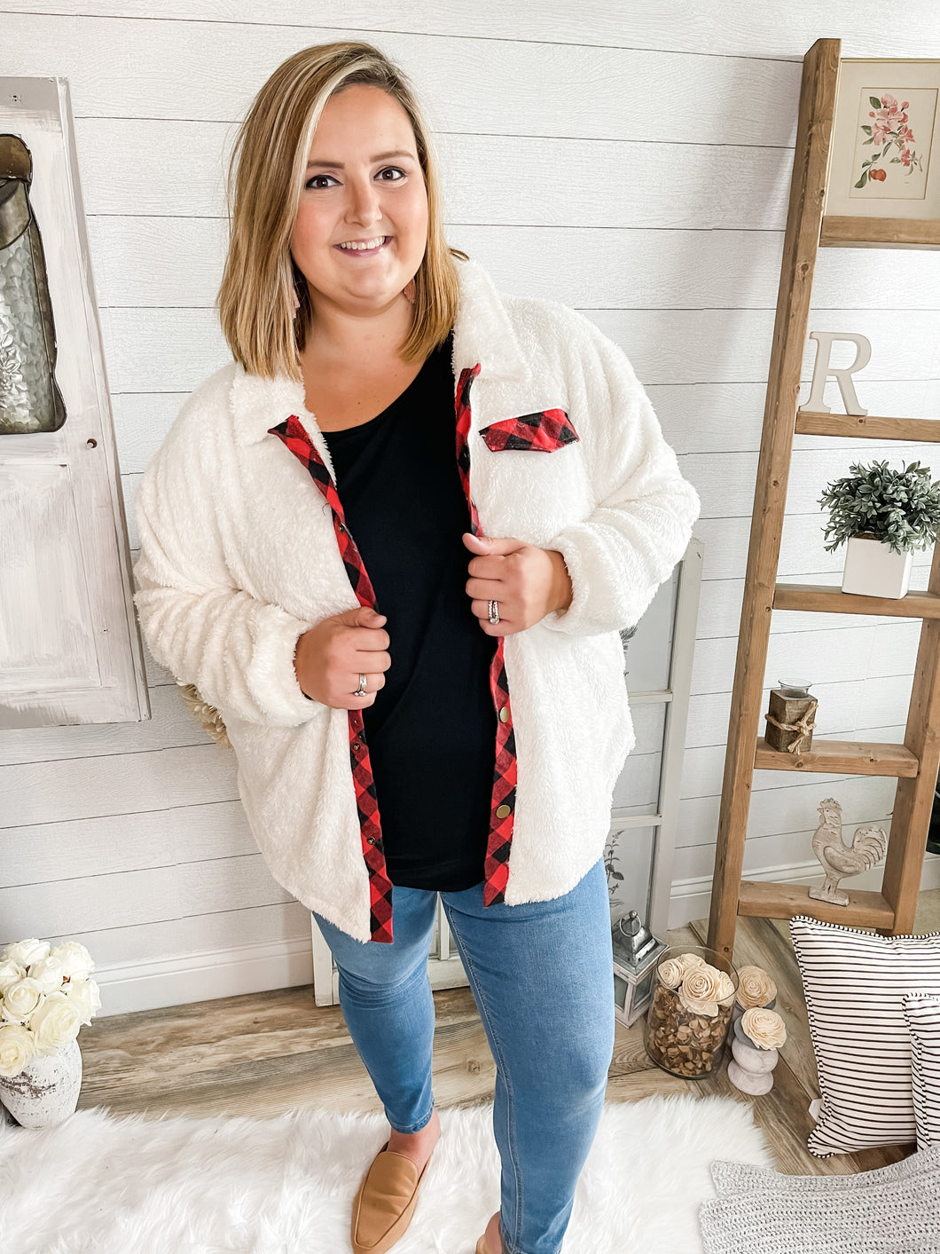 Plus Size Red and Black Plaid White Button Down Sherpa Jacket