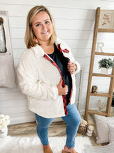 Load image into Gallery viewer, Plus Size Red and Black Plaid White Button Down Sherpa Jacket
