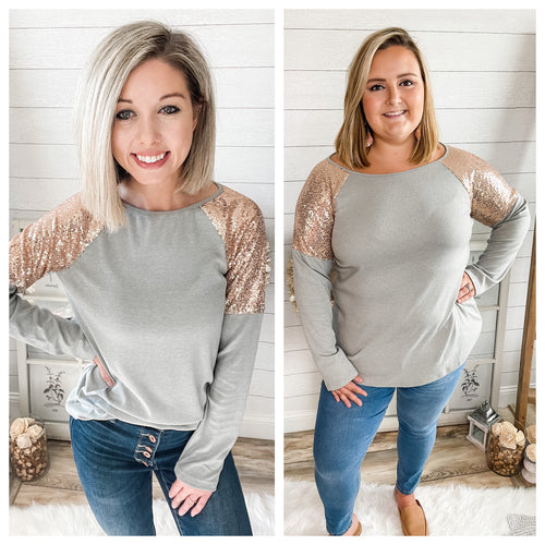Gold Sequin Shoulder Long Sleeve Top