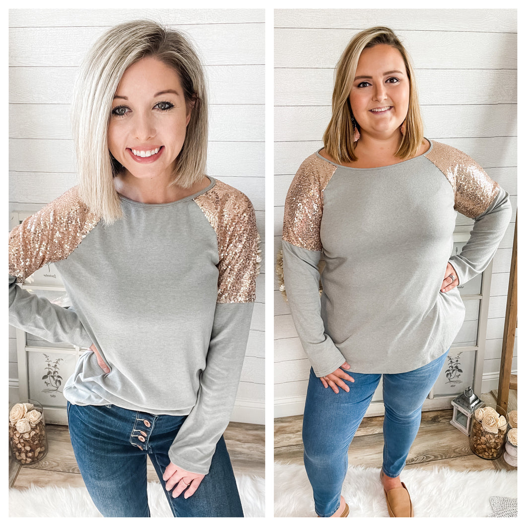 Gold Sequin Shoulder Long Sleeve Top
