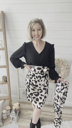 High Waisted Leopard Print Wrap Tie Midi Skirt