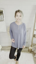 Load and play video in Gallery viewer, Steel Blue Long Sleeve 3 Button Down Lightweight Sweater
