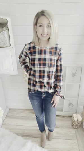 Plaid Top With Tie Up Sleeves