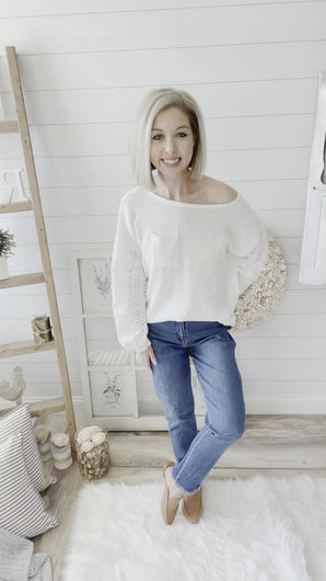 Waffle Knit Lightweight Sweater With Eyelet Bubble Sleeves